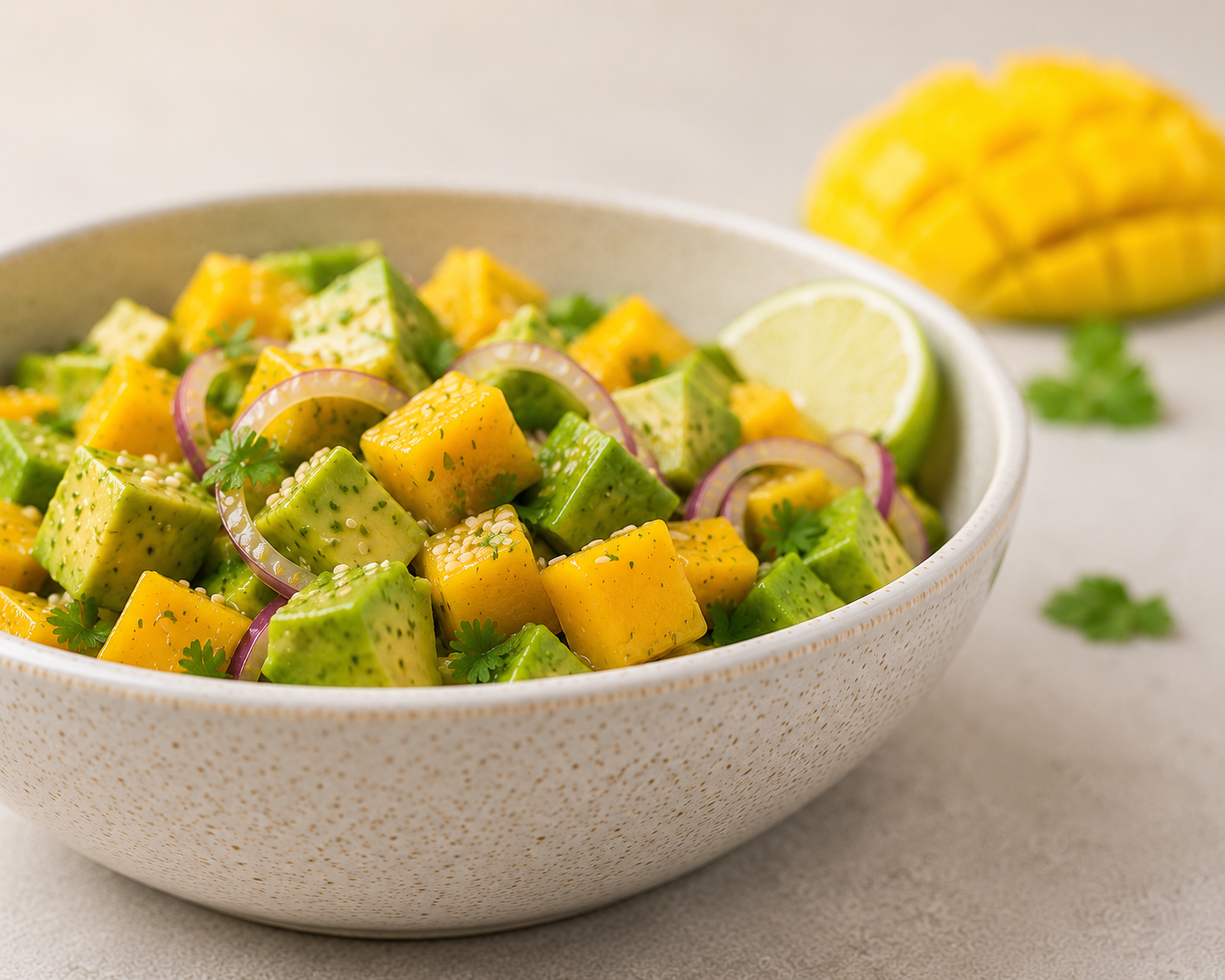 Einfacher Mango Avocado Salat in einer weißen Schüssel