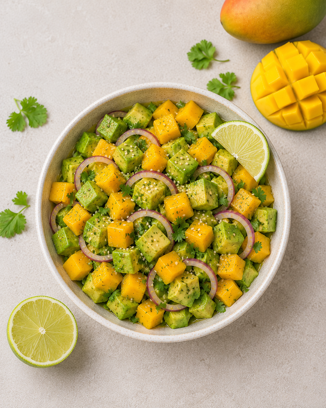 Frische Mango und Avocado Zutaten für den Salat