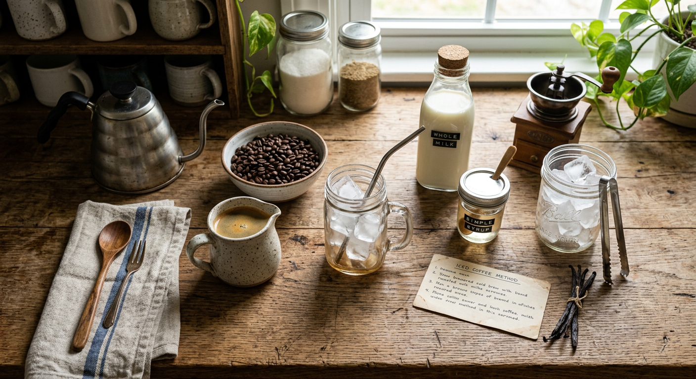 Zutaten für Eiskaffee auf einem Küchentisch: Gläser, Kaffee, Milch, Eiswürfel und Sahne.