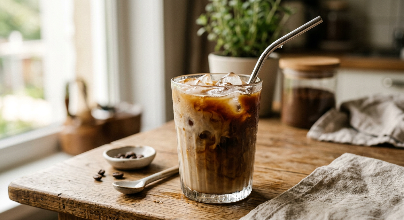 Ein Eiskaffee in einem Glas mit Strohhalm, umgeben von Kaffeebohnen und einem Löffel.