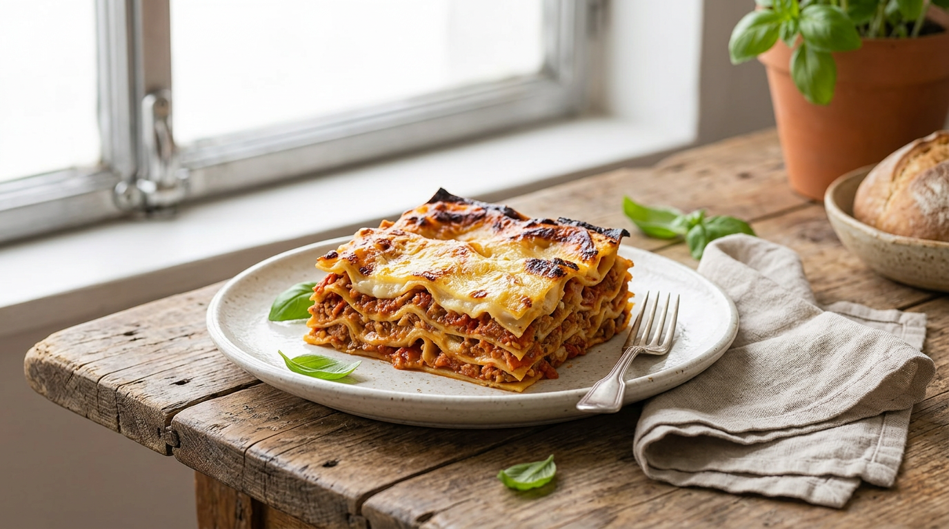 Eine goldbraun gebackene Lasagne Bolognese, frisch aus dem Ofen, mit geschmolzenem Käse und leicht gebräunter Oberfläche, garniert mit frischen Basilikumblättern.