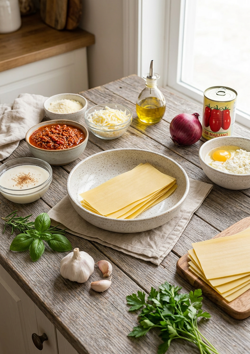 Eine Nahaufnahme von gehackten Zwiebeln, Knoblauch, Karotten und Staudensellerie, bereit für die Bolognesesauce.