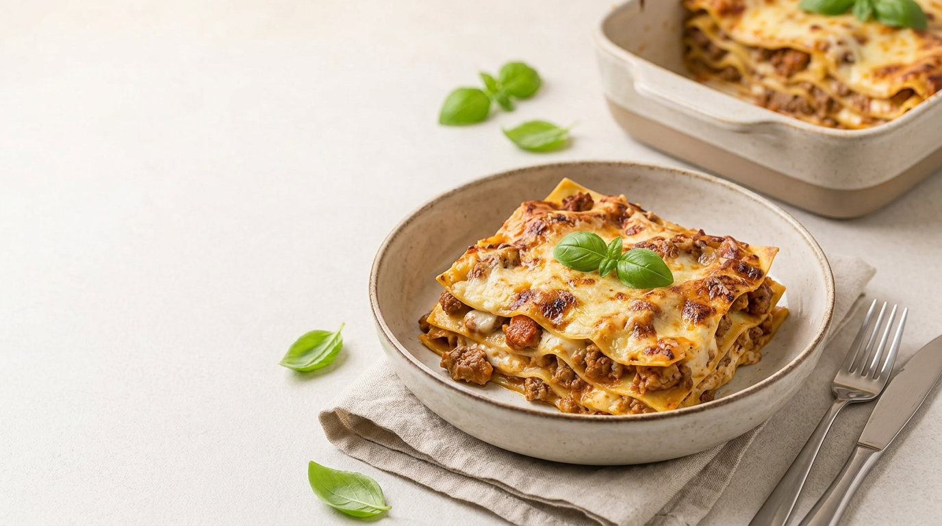 Ein Stück klassische Lasagne Bolognese auf einem weißen Teller, garniert mit frischem Basilikum, daneben ein kleiner grüner Salat.