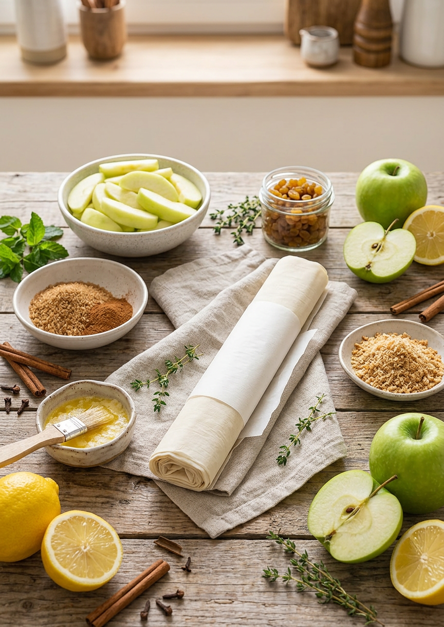 Frisch geschnittene Apfelscheiben in einer Schüssel, bereit für die Strudelfüllung, mit Zimt und Zucker daneben.