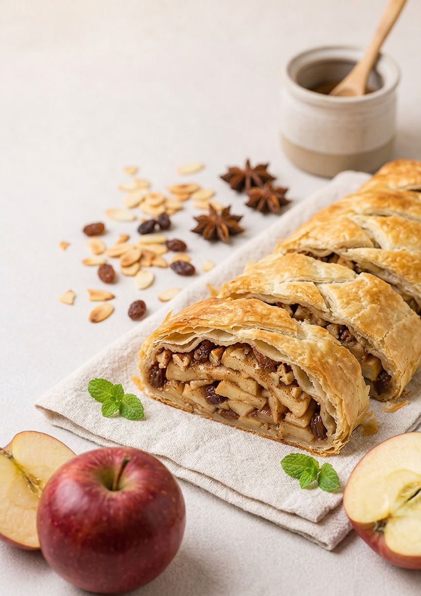 Ein Stück Apfelstrudel auf einem Teller, mit einer Kugel Vanilleeis und frischer Minze garniert, bereit zum Genießen.