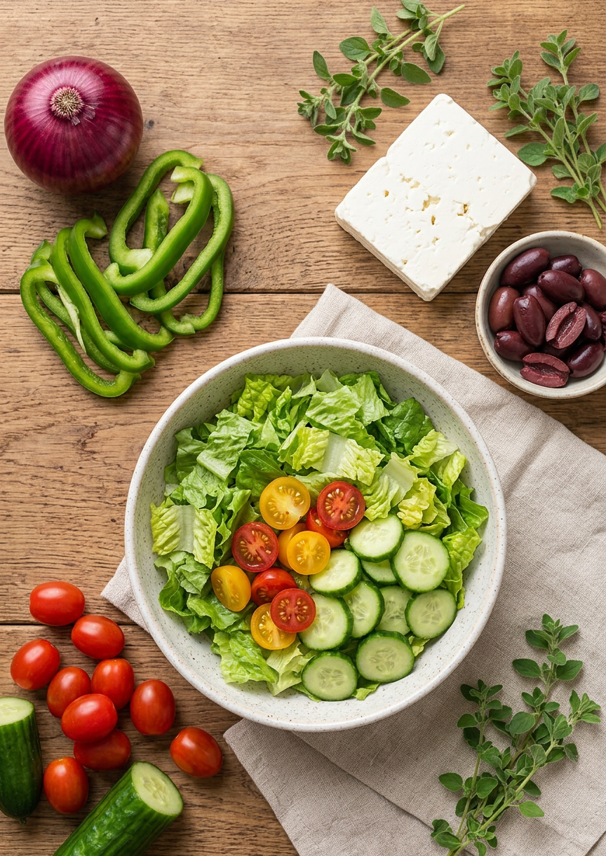 Frisch geschnittenes Gemüse für den griechischen Salat: Tomaten, Gurken, rote Zwiebeln und grüne Paprika auf einem Schneidebrett.