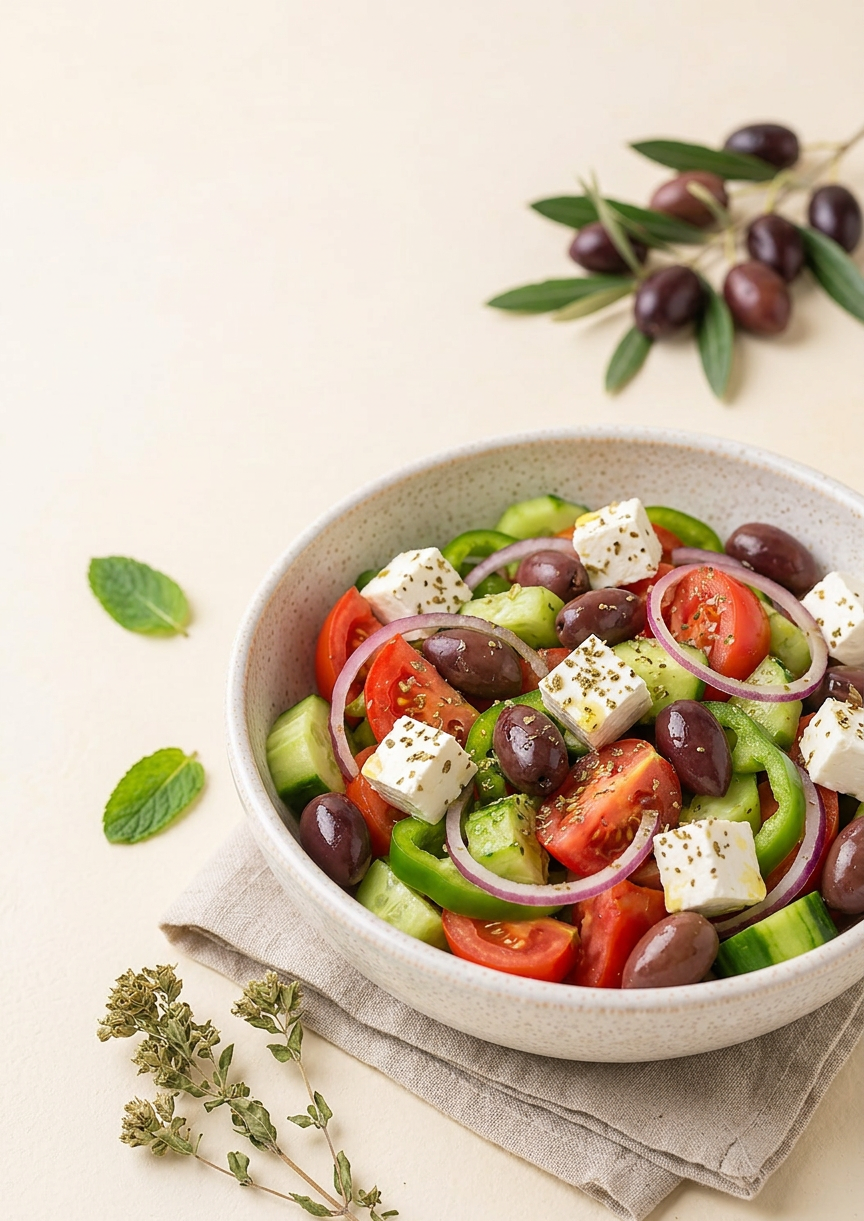 Ein fertig angerichteter griechischer Salat in einer weißen Schale, mit einem großen Stück Feta und frischen Kräutern, bereit zum Servieren.