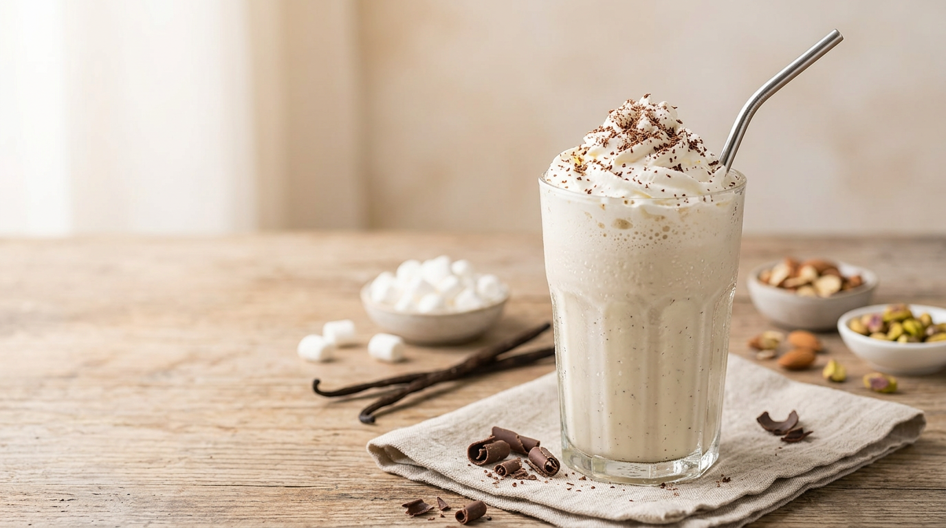 Ein hoher Glasbecher gefüllt mit einem cremigen Erdbeer-Milchshake, garniert mit frischen Erdbeeren und einem Strohhalm, auf einem hellen Holztisch.