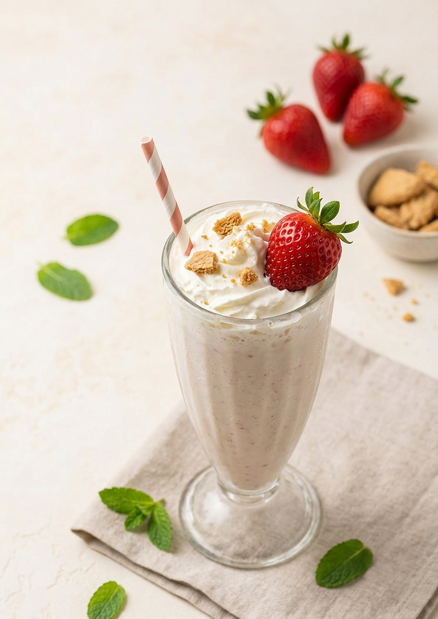 Zwei hohe Gläser mit Erdbeer-Milchshake, garniert mit Schlagsahne und frischen Erdbeeren, auf einem rustikalen Holztisch im Sonnenlicht.