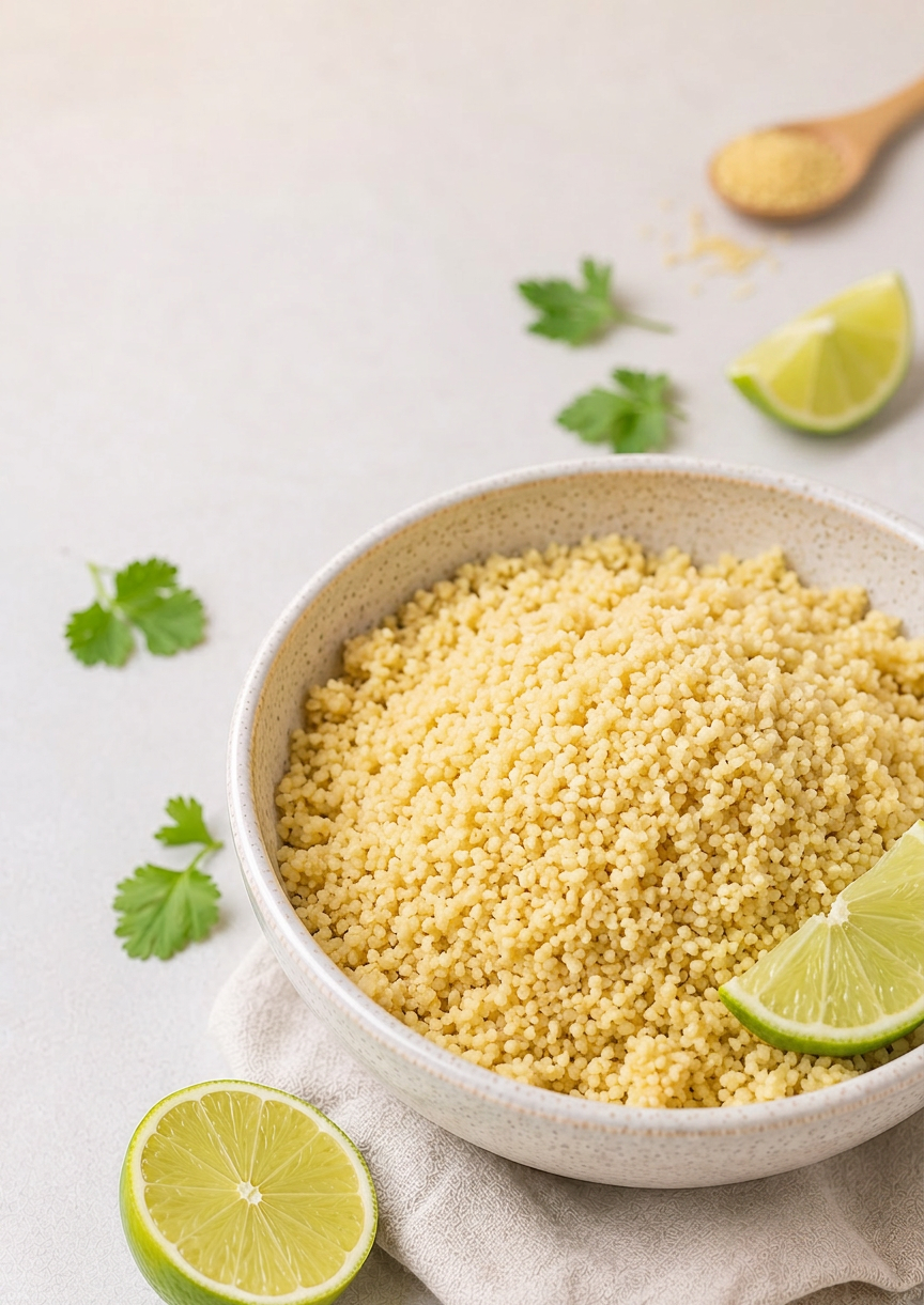 Ein Nahaufnahme-Foto von Couscous mit Halloumi und Gemüse in einer modernen Schale, bereit zum Servieren.