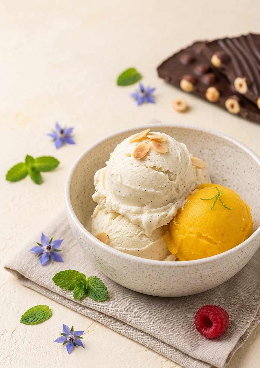 Gelato-Kugeln in einer Schale, garniert mit frischen Himbeeren und Minze